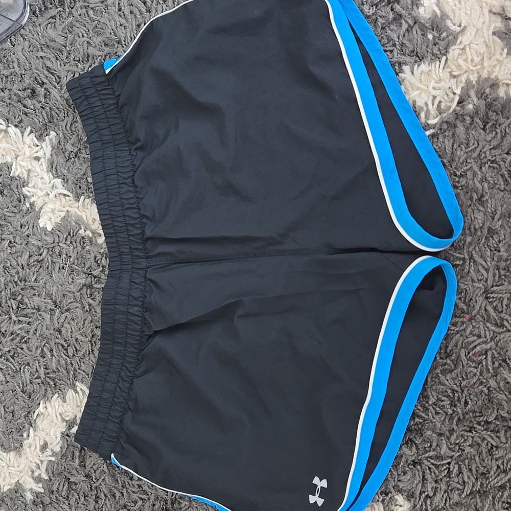 Under Armour Women's 3 Inch Inseam, Black Shorts with Light Blue Trim, Size Med